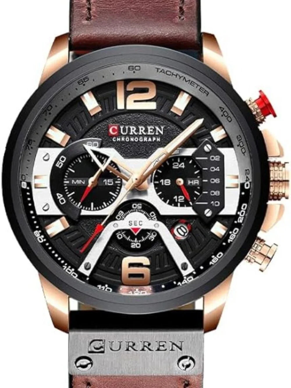 Men's Brown Rose Gold Analog Waterproof Leather Strap Chronograph Luxury Watch